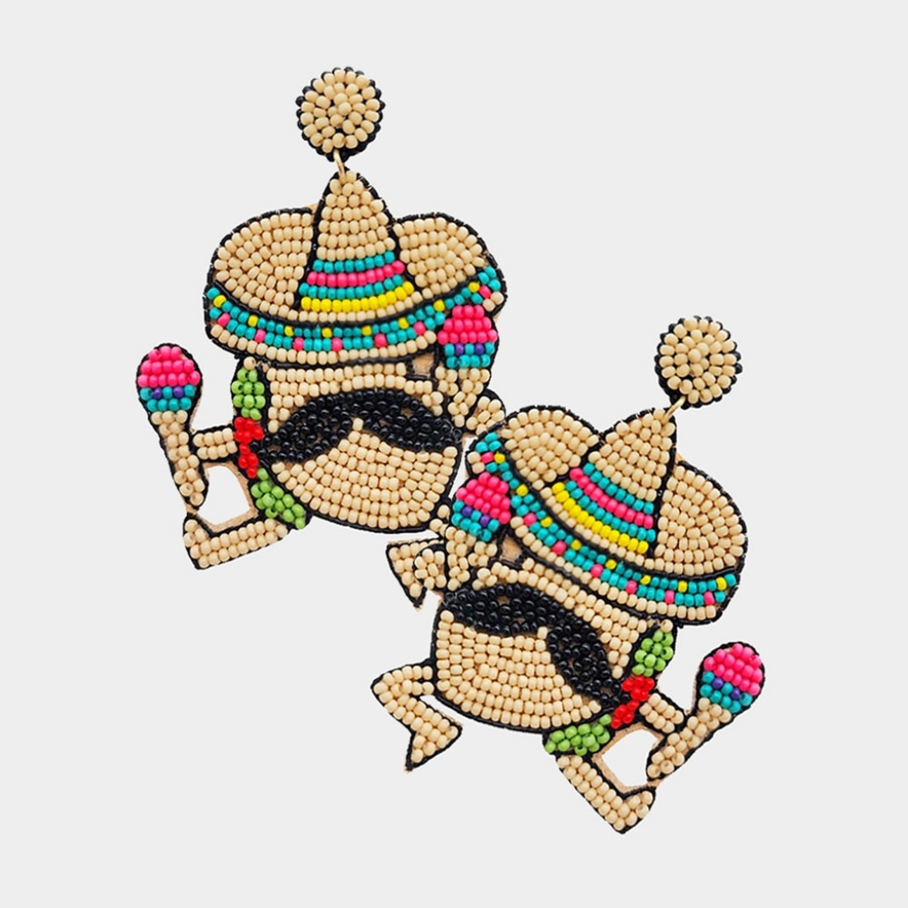Beige Fiesta Sombrero Hat Seed Beaded Dangle Earrings Fun Statement Jewelry